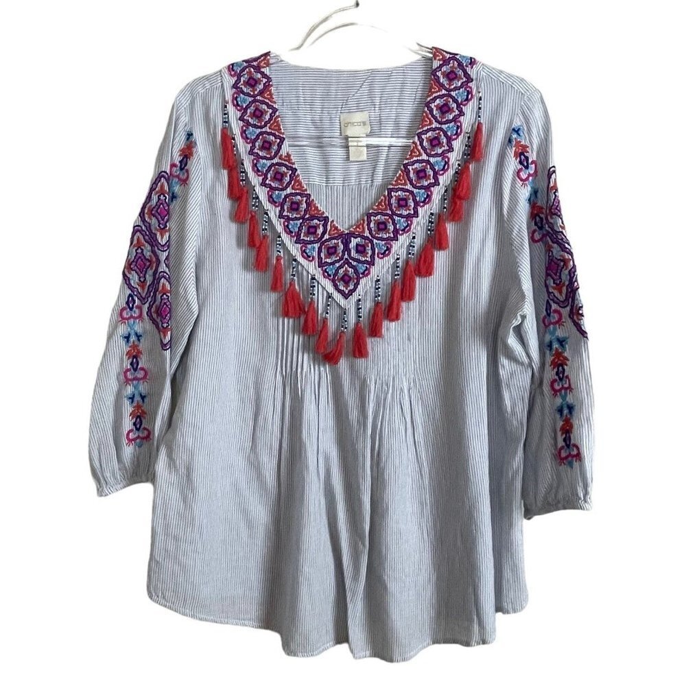 Chico's Size 1 Small White Blue Striped‎ Embroidered Tassel Boho Festival Top